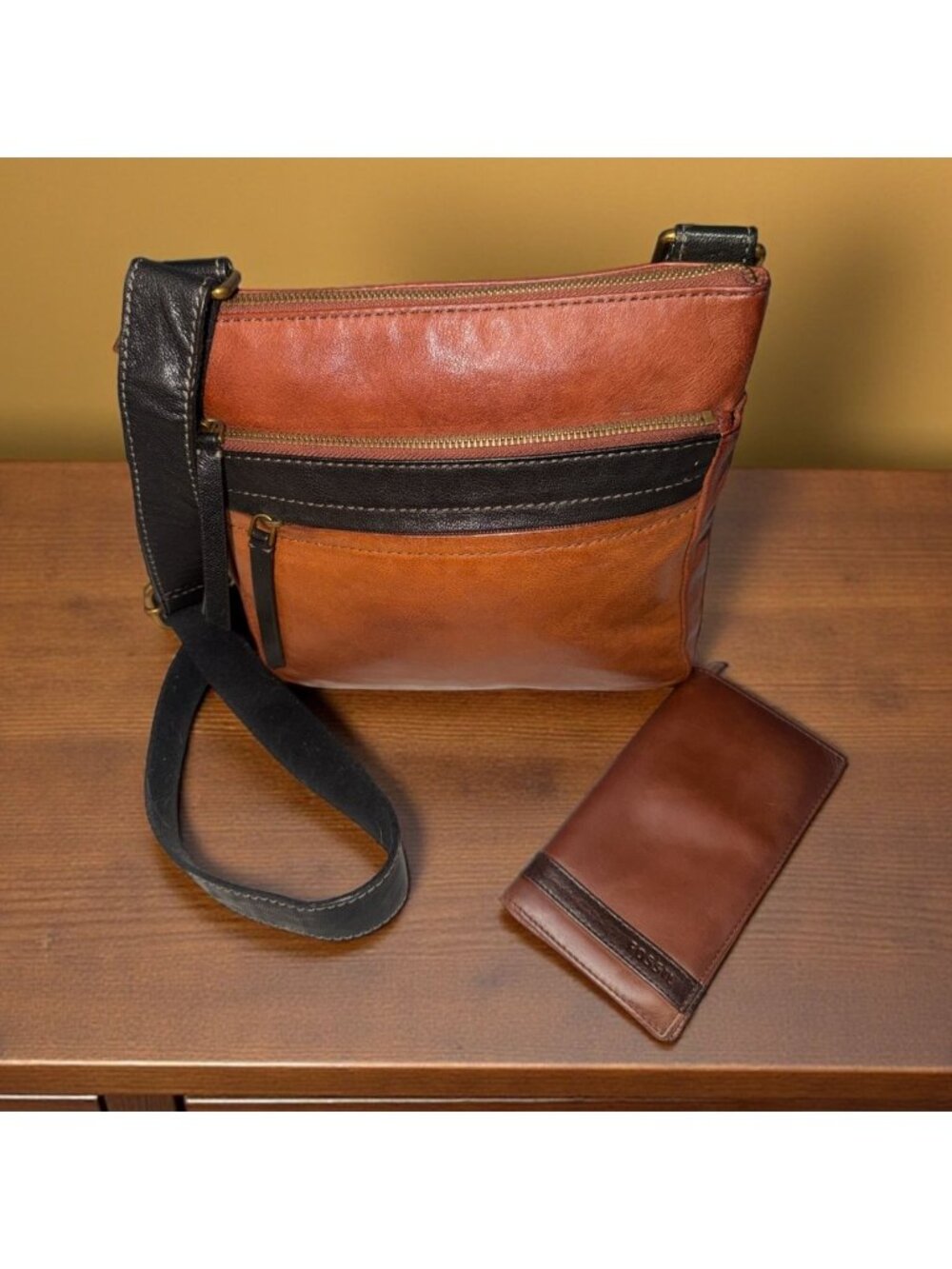 Fossil Corey Crossbody Black Brown Colorblock Leather Bag VTG Bi-Fold Wallet Set